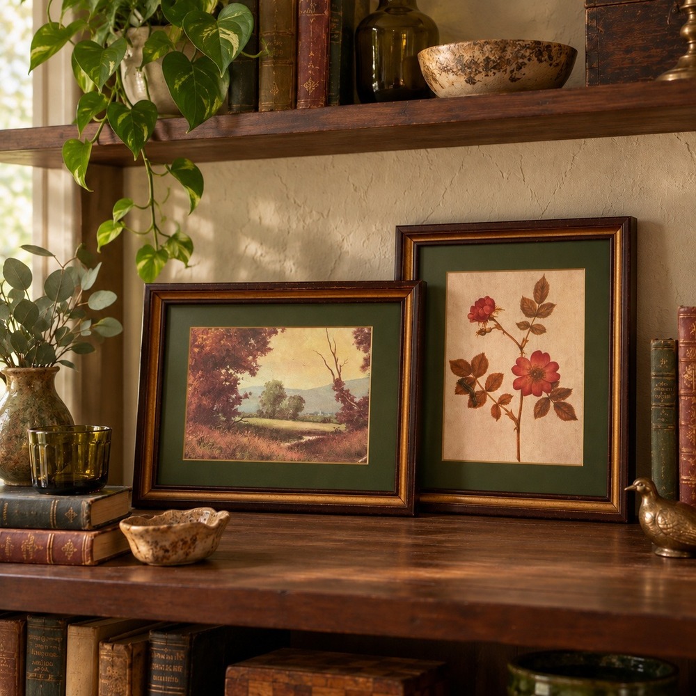 Vintage Framed Book Print Pair, Rose Botanical & Landscape Wall Art